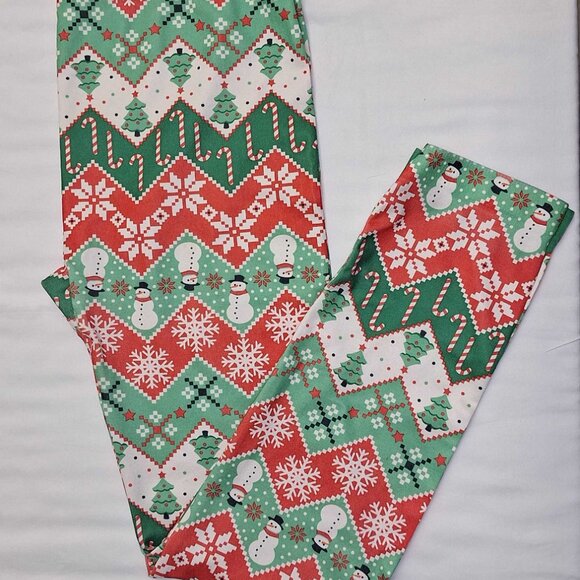 No Boundaries Seamless Christmas Leggings XL 15-17 Snowmen Trees Candy Canes Red - Picture 5 of 5
